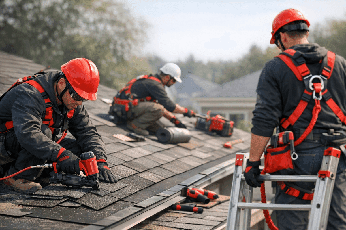 Close-up of roofer’s gloved hands aligning asphalt shingles on residential roof