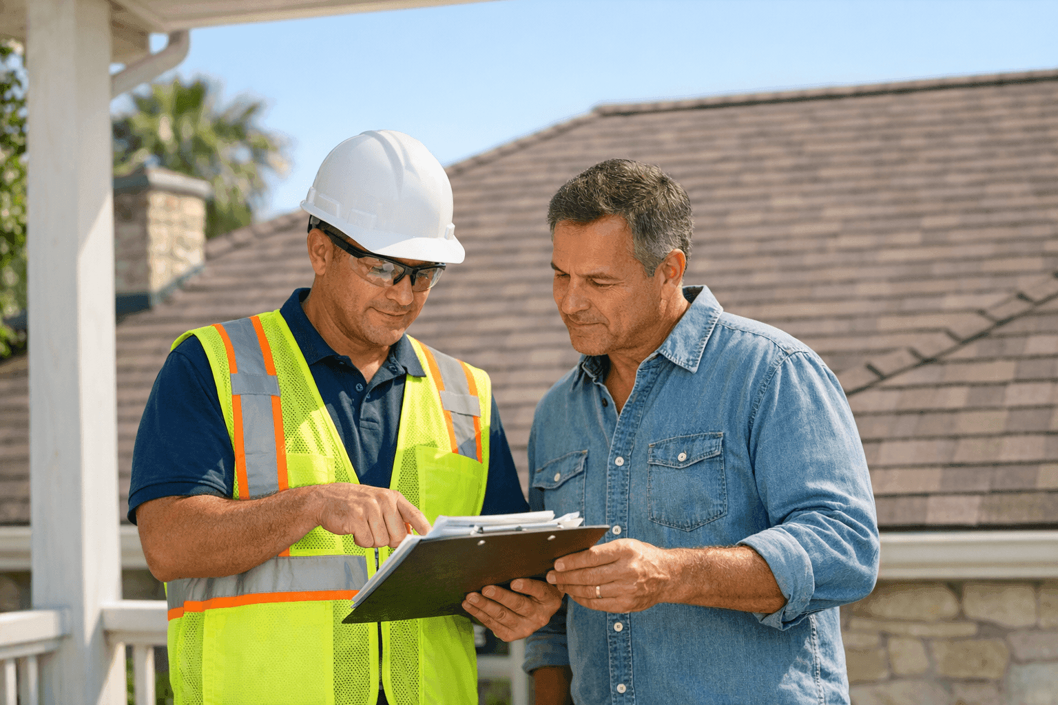 Homeowner reviewing roofing contractor credentials and discussing project with professional in San Antonio