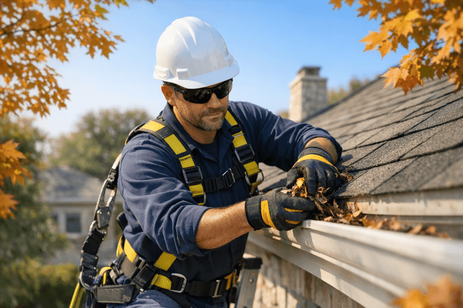 Roofer cleaning gutters on a San Antonio home during fall maintenance