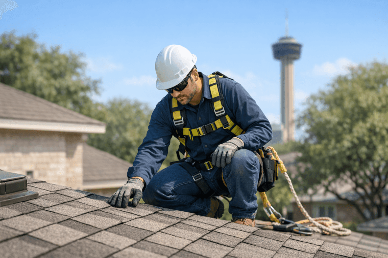 Technician examining roof shingles for storm damage on a residential San Antonio home