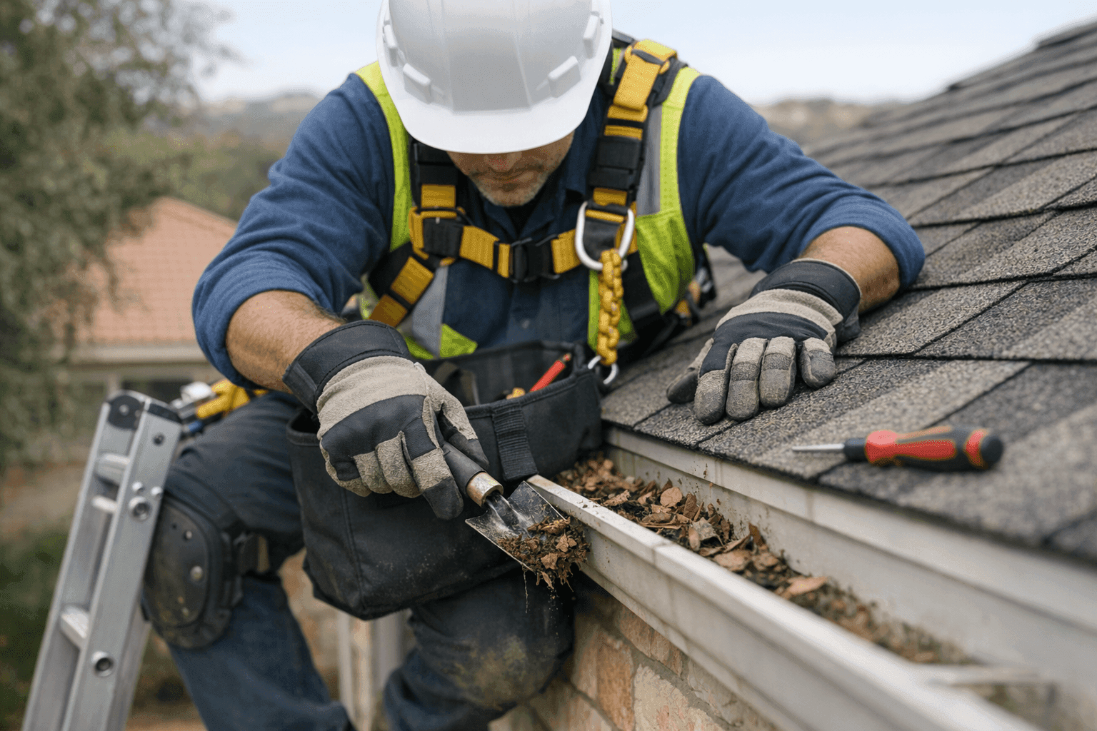 Technician cleaning gutters on residential roof in San Antonio