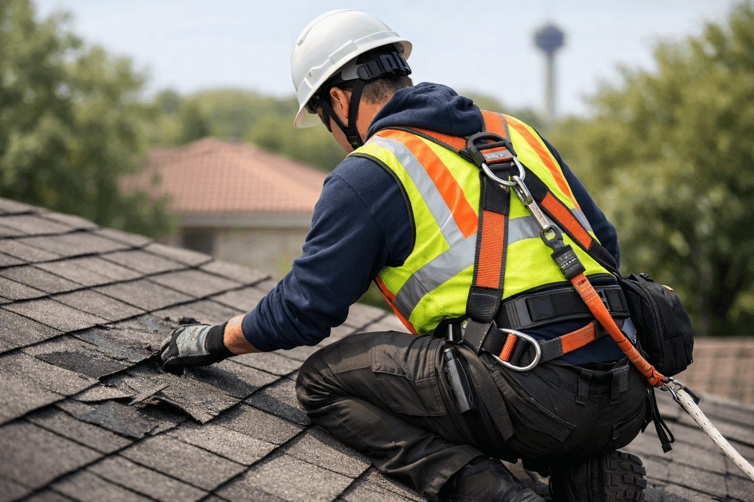 San Antonio roofing professional inspecting storm-damaged asphalt shingles on a residential roof